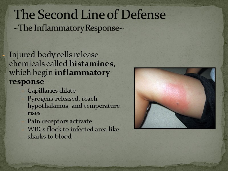 Injured body cells release chemicals called histamines, which begin inflammatory response Capillaries dilate Pyrogens